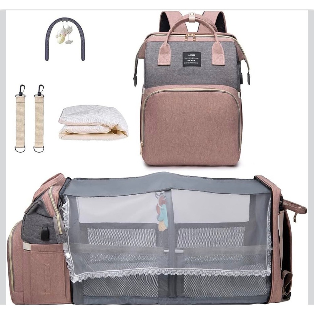 LAND 3-in-1 Diaper Bag Backpack Portable Bassinet Changing Station Pink Grey